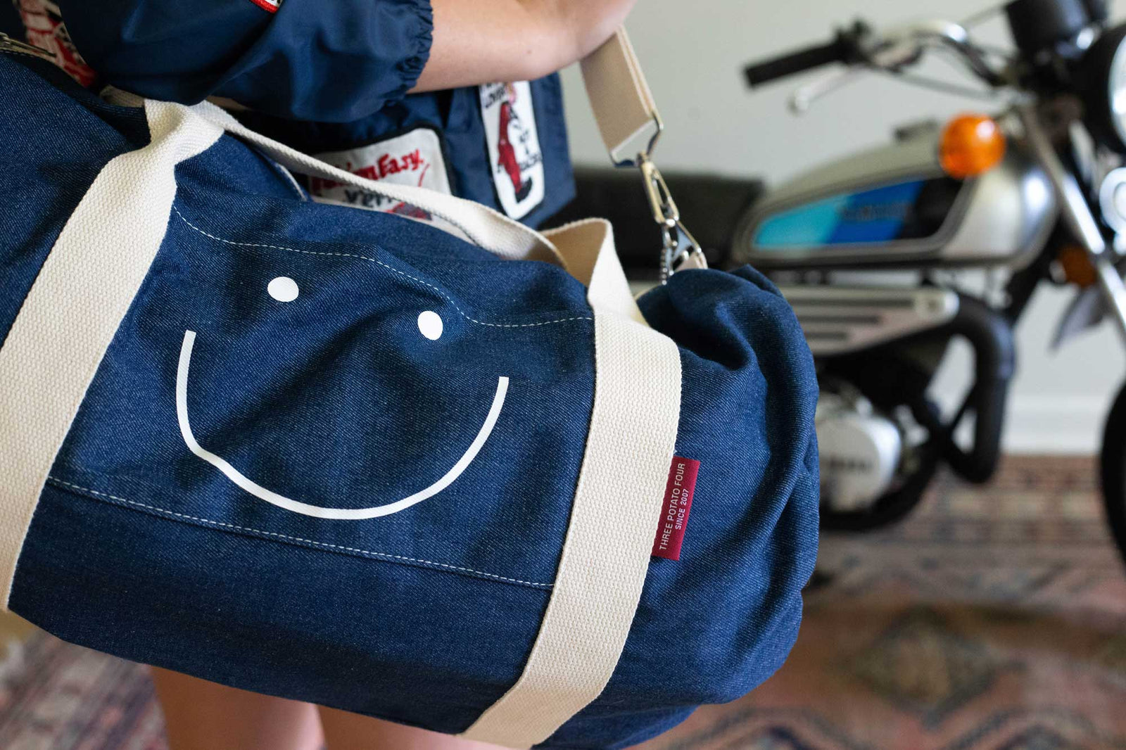 Happy Face Denim Duffle Bag THREE POTATO FOUR